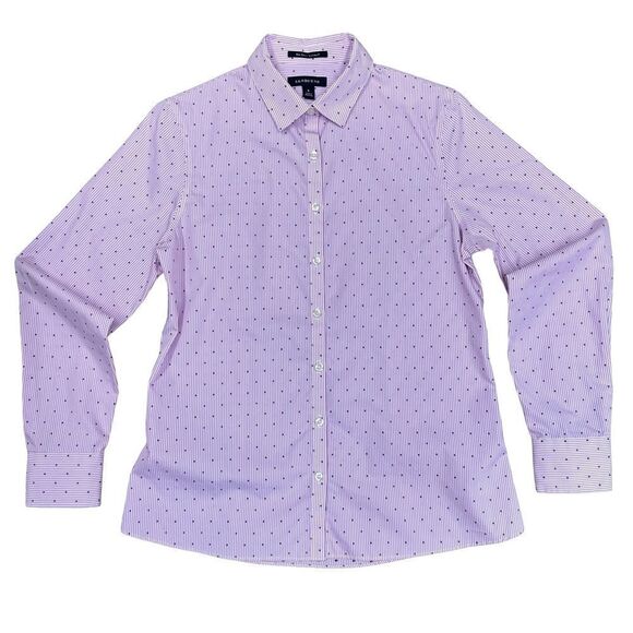 LANDS’ END Pink White Pinstripe Swiss Dot Supima Button Front Shirt Size 6 - Picture 3 of 14